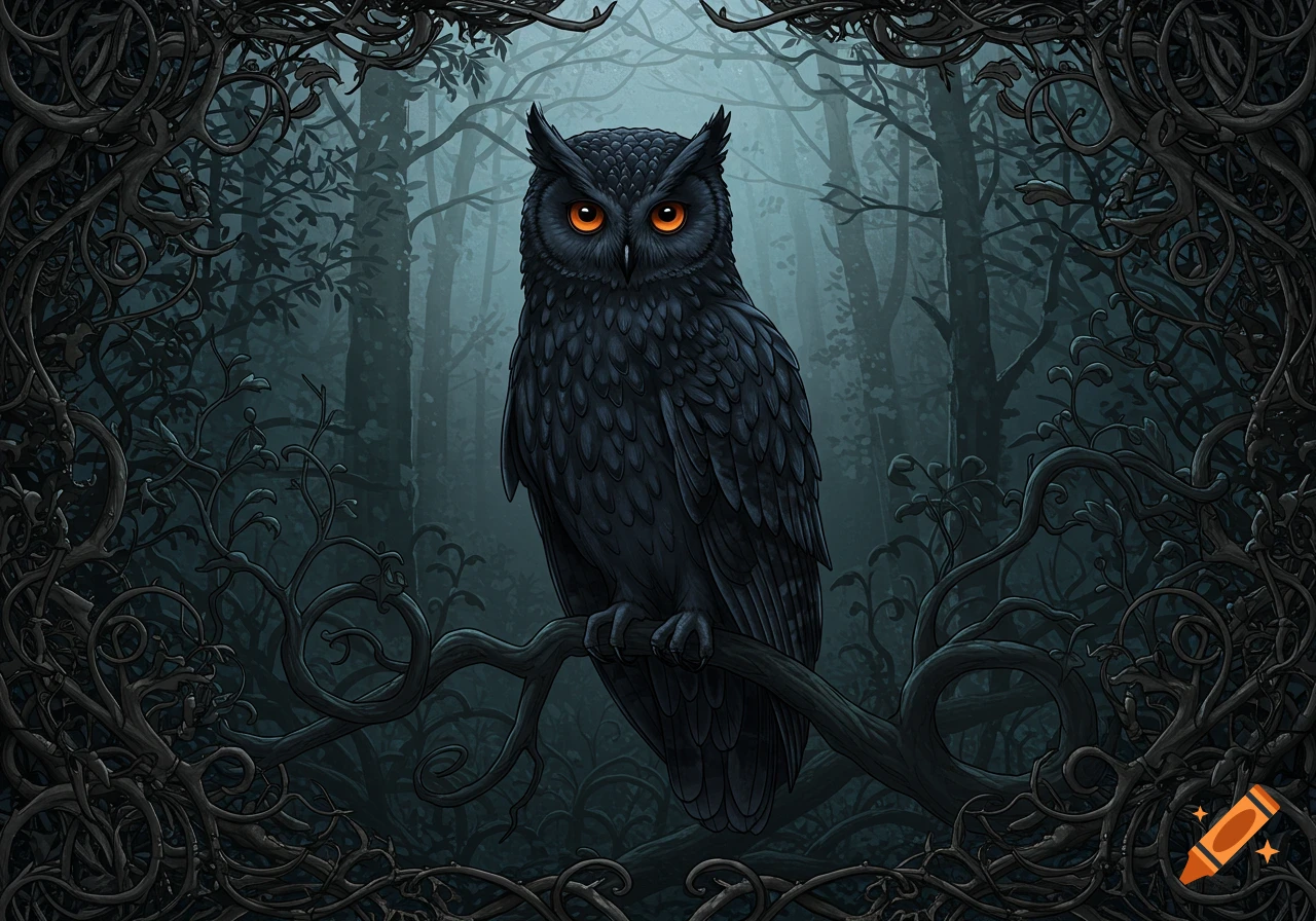A dark, stylized owl with glowing orange eyes perched on a gnarled branch in a misty, shadowy forest, framed by intricate dark vines.