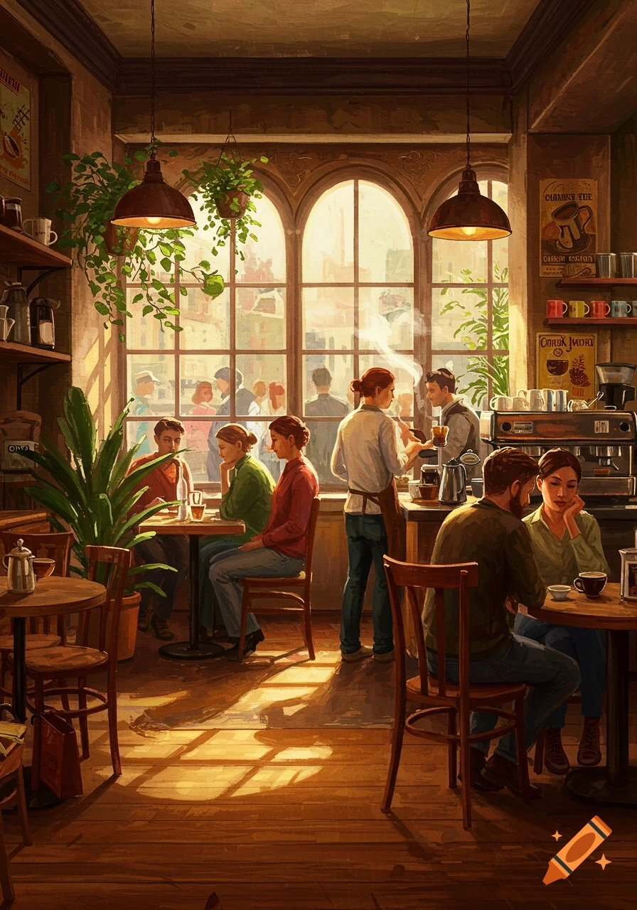 A painterly scene inside a busy coffee shop with patrons and staff, bathed in warm sunlight through large arched windows.