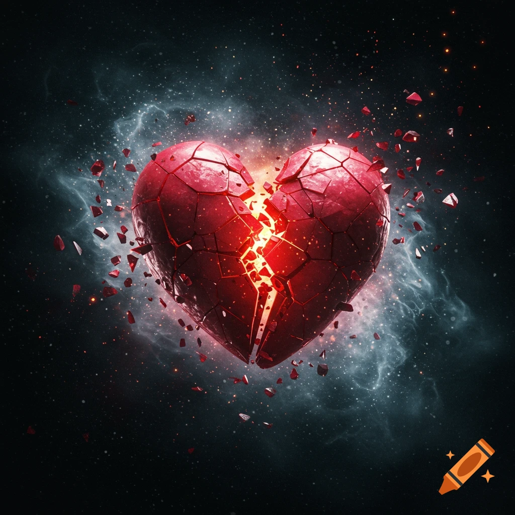 A detailed red heart, cracked and glowing from within, shatters into pieces against a dark cosmic background with stars and nebulae.