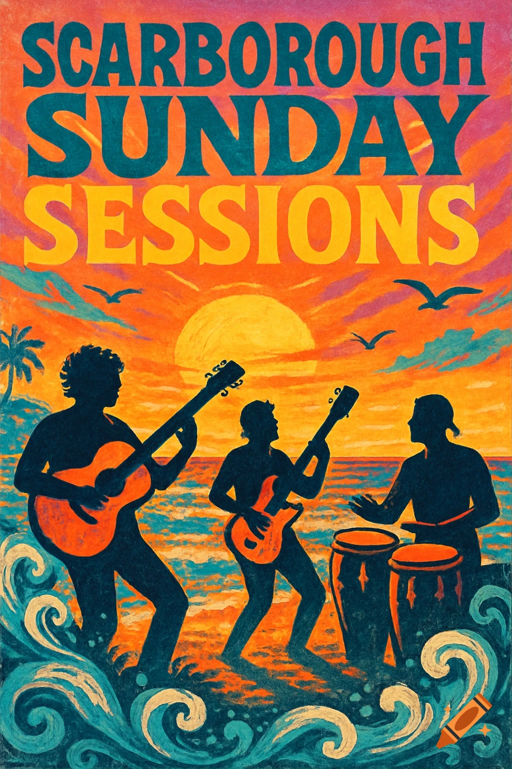 A vintage-style poster showing silhouettes of three musicians playing on a beach at sunset, with 'SCARBOROUGH SUNDAY SESSIONS' text above.