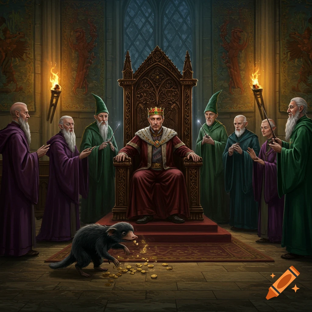 A king in royal robes and a crown sits on a grand throne, surrounded by several robed wizards in a dimly lit hall. A niffler-like creature gathers gold coins at his feet.