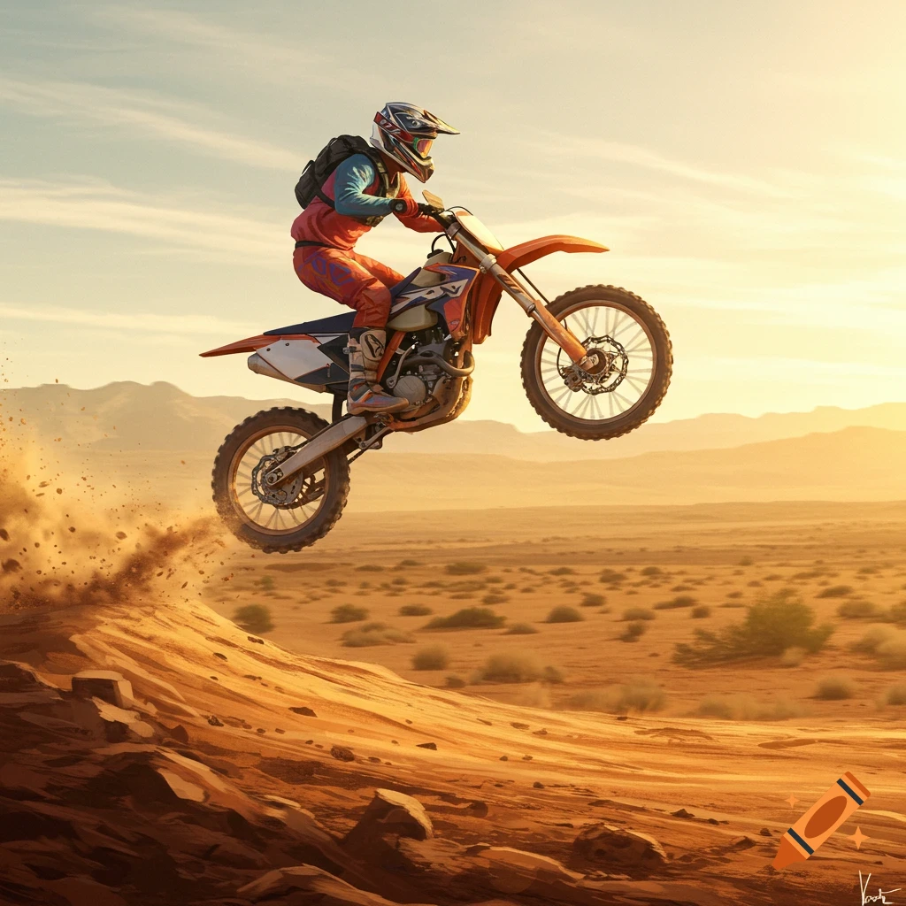 A dirt bike rider in colorful gear jumps a motocross bike over a desert dune at sunset.