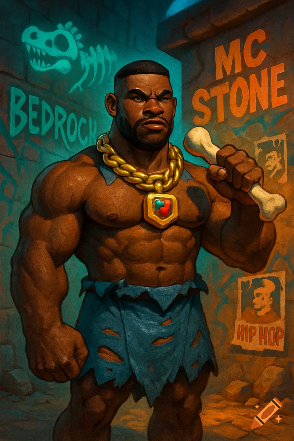 A muscular Black man dressed as an MC Stone Fred character, wearing a gold chain and loincloth, holding a bone microphone in a graffiti-tagged Bedrock alley.