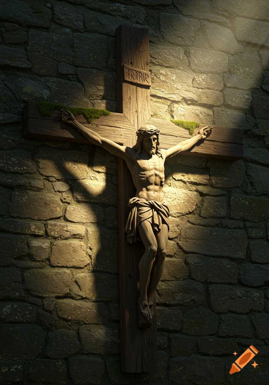 A wooden sculpture of Jesus Christ on a cross, with a crown of thorns and a cloth around his waist, illuminated by a beam of light against a stone wall.
