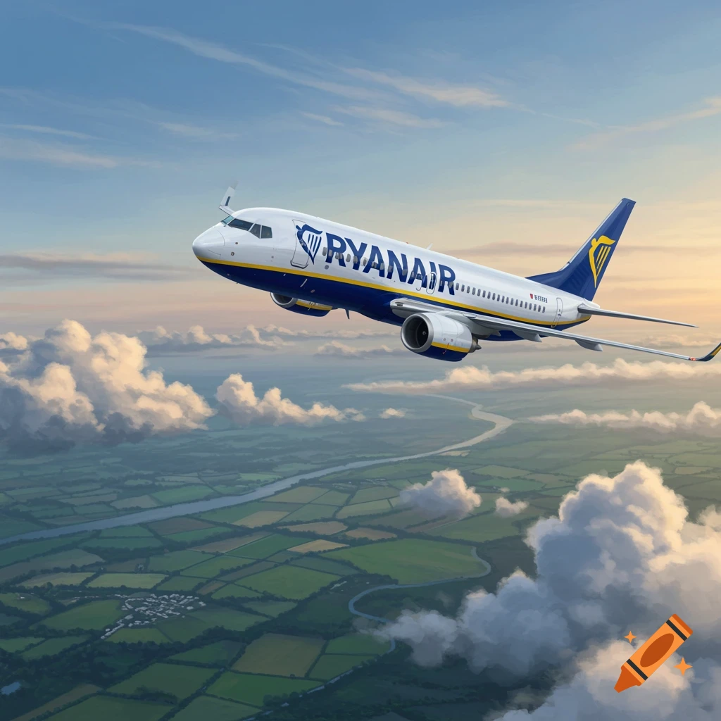 A Ryanair Boeing 737 airplane flies high above a patchwork green landscape with a river, against a partly cloudy sky at sunset.