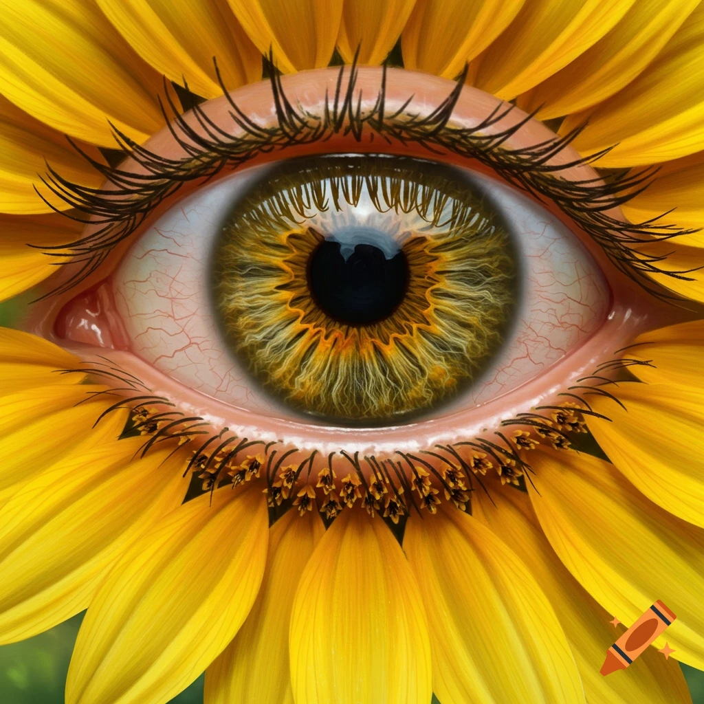 A highly detailed, photorealistic close-up of a human eye with a brown and yellow iris, transformed into the center of a vibrant yellow sunflower.