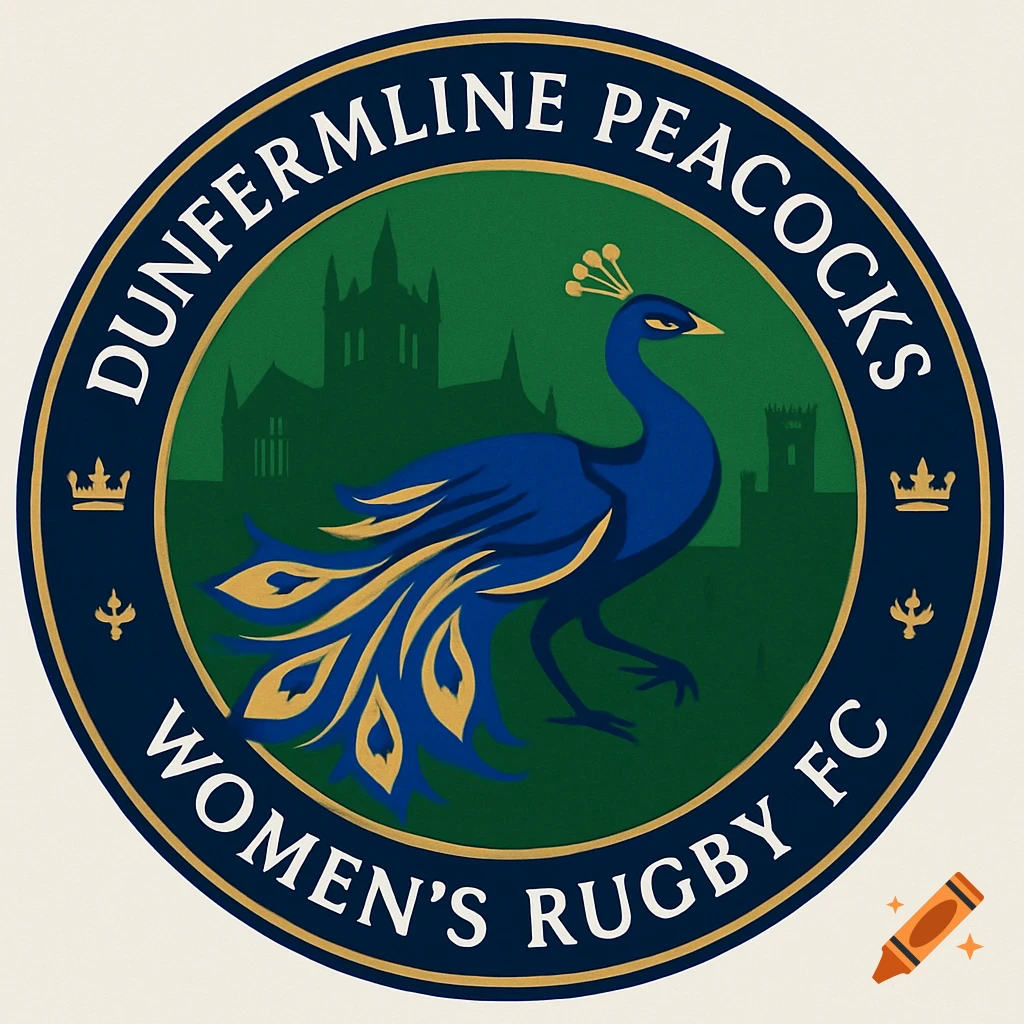 A circular team crest featuring a stylized blue peacock against a green background with castle silhouettes. Text reads 'Dunfermline Peacocks Women's Rugby FC'.