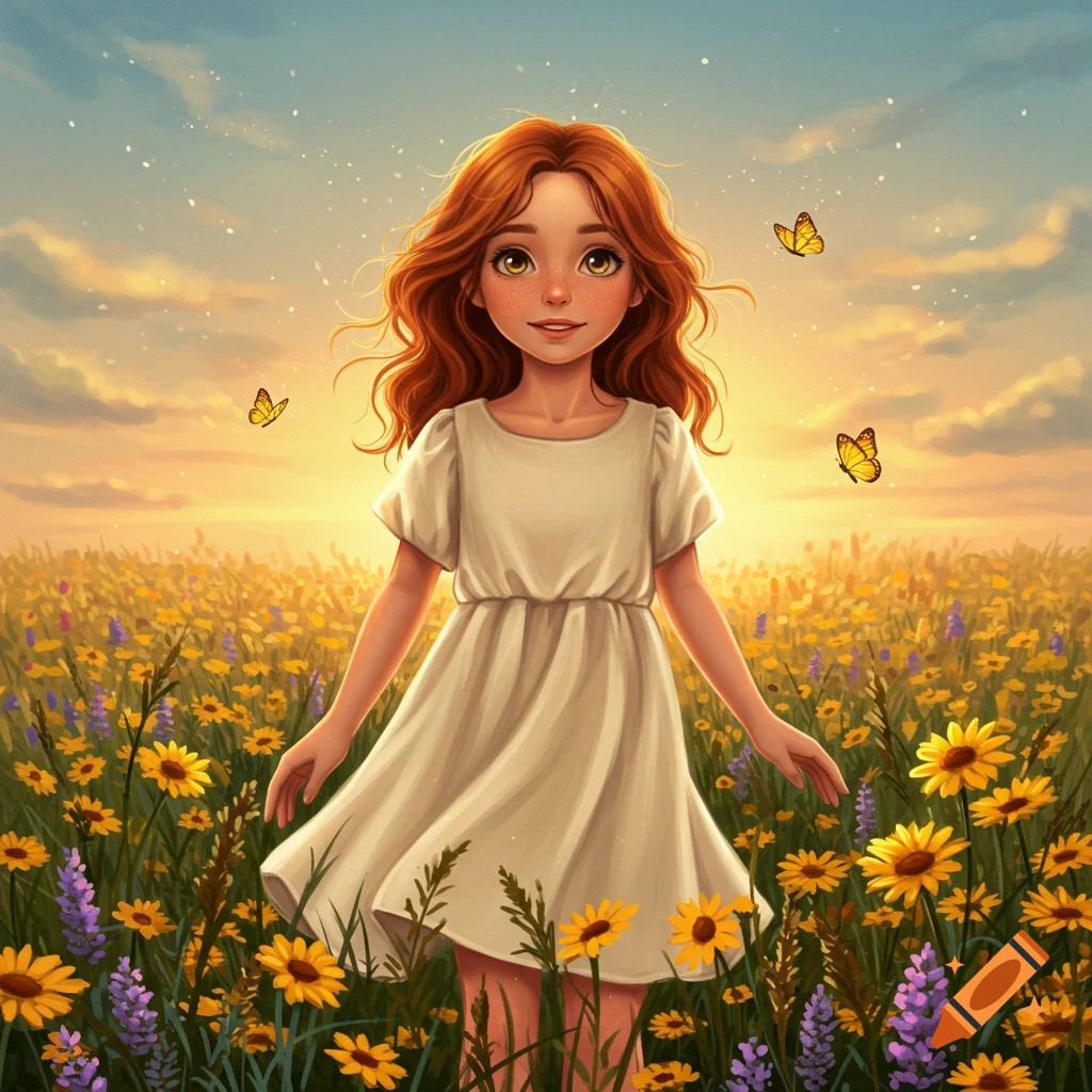 A dreamy illustration of a red-haired girl standing in a field of yellow and purple flowers at sunset with butterflies.
