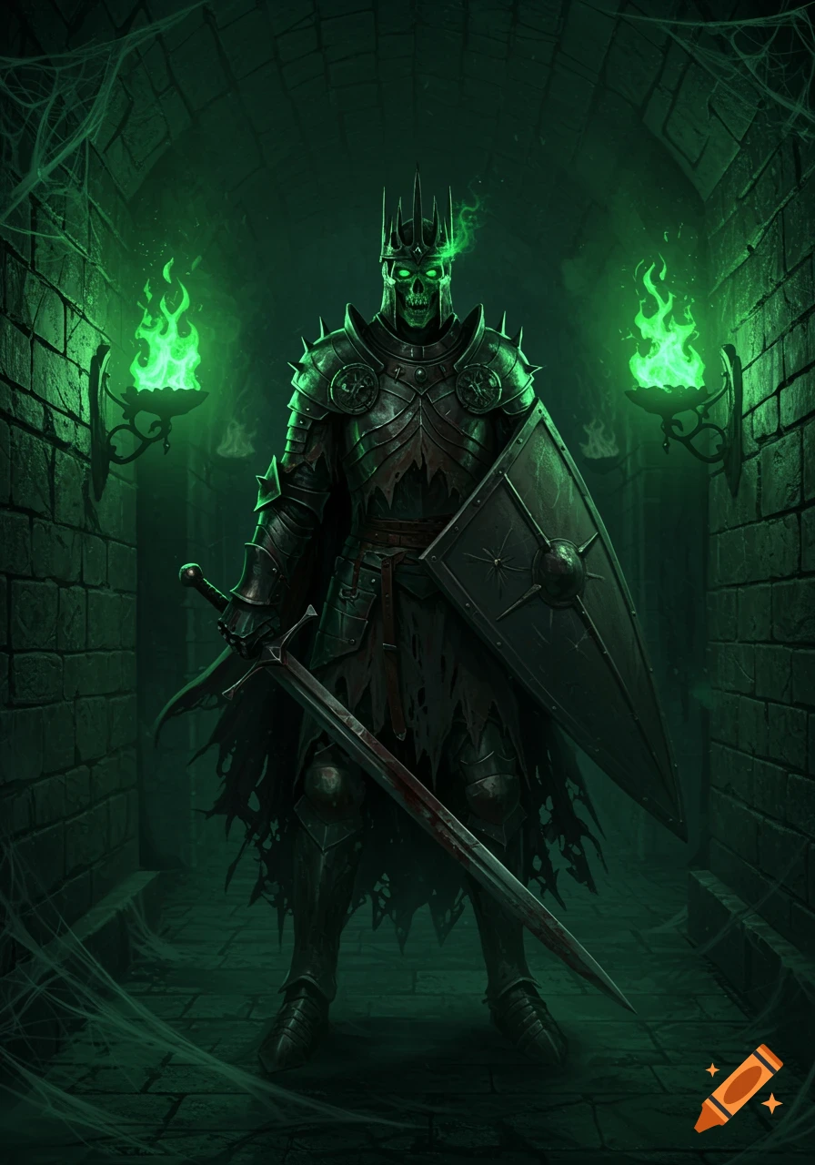 A skeletal king in dark, spiked armor and a crown stands in a dim, cobwebbed crypt, holding a sword and shield, illuminated by glowing green flames from wall sconces.
