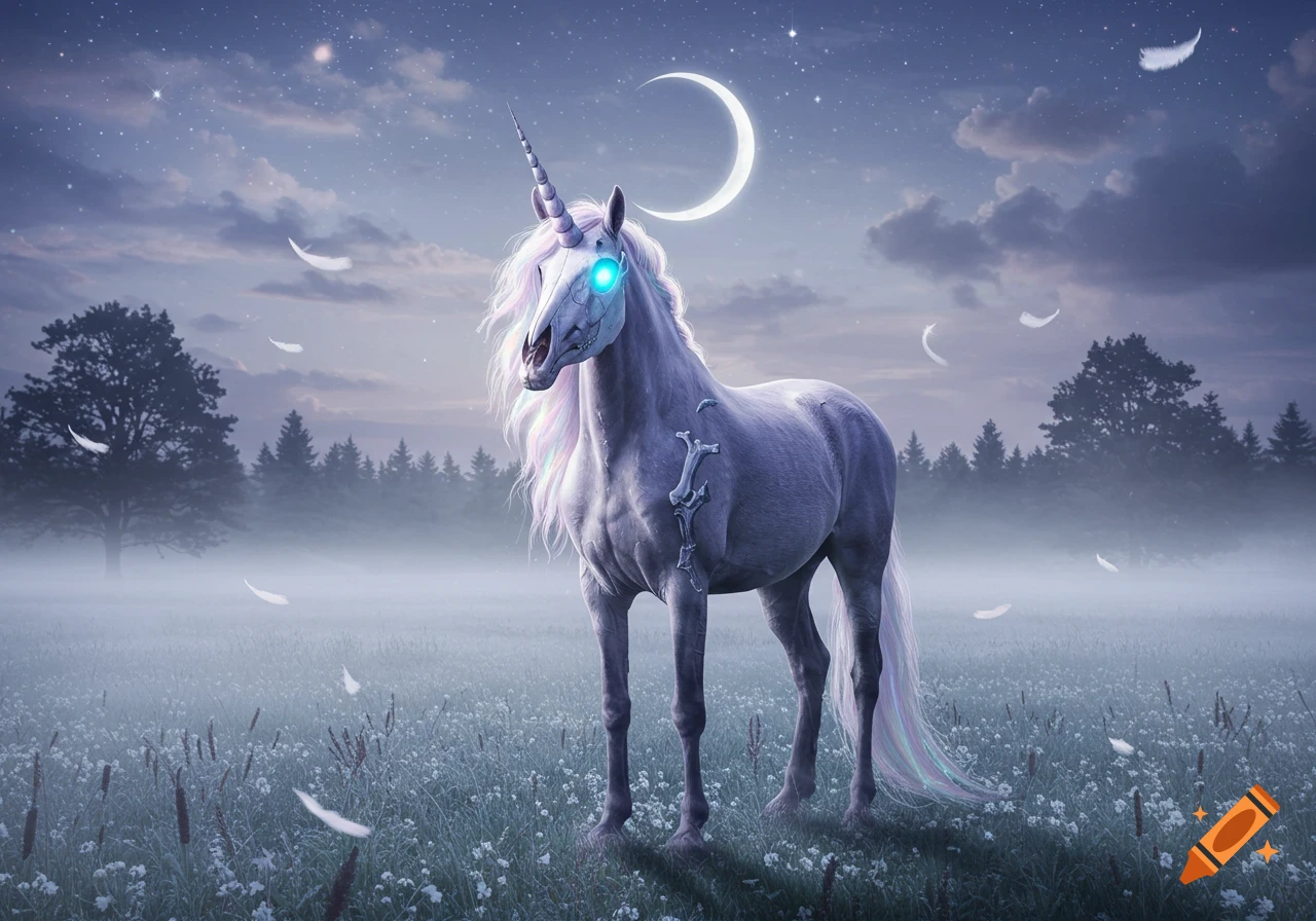A majestic skeletal unicorn with glowing blue eyes stands in a misty, moonlit field under a star-filled sky.