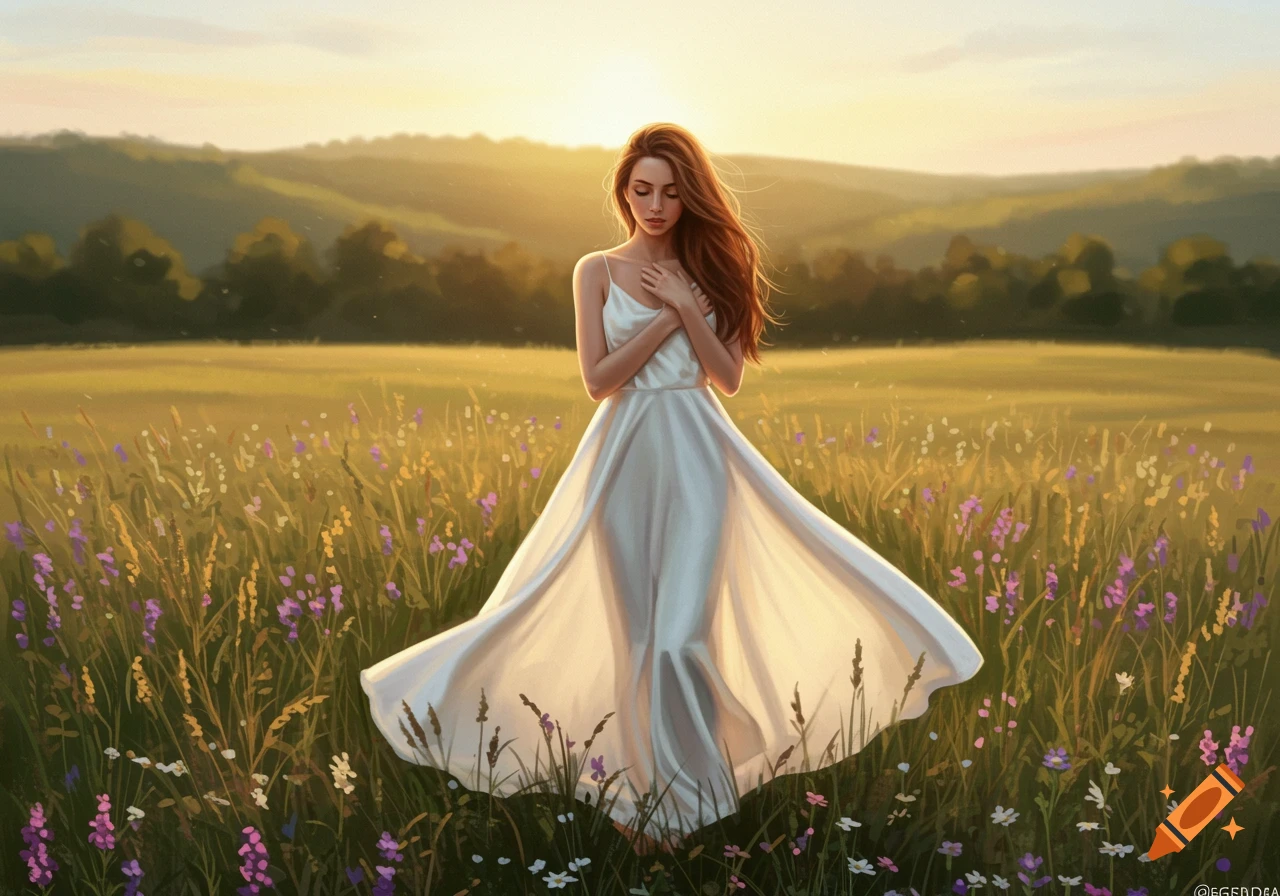 A beautiful woman with long flowing hair in a white dress standing in a field of wildflowers at sunset, in a digital painting style.