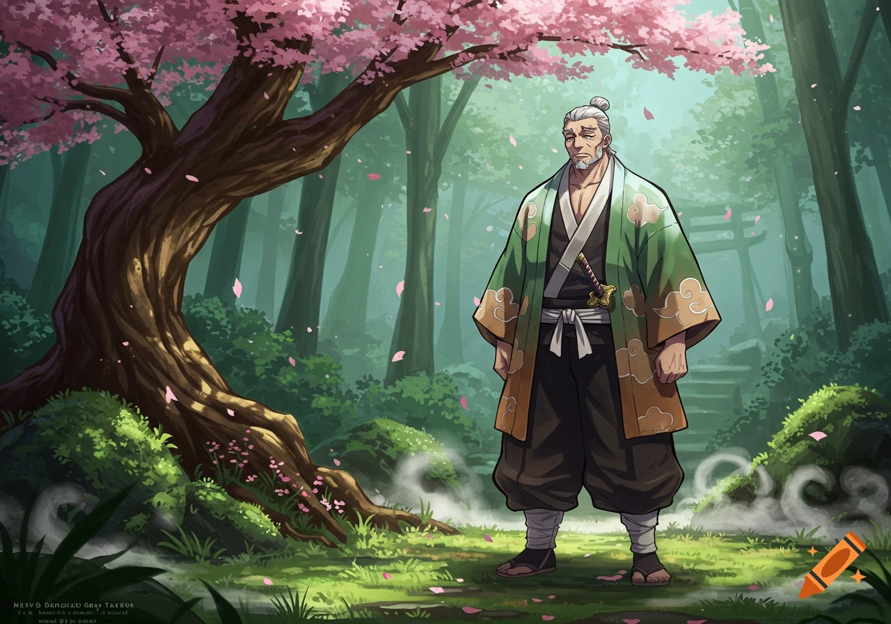 A man with a top knot and beard, wearing a green kimono, stands in a forest under a cherry blossom tree. Anime style.