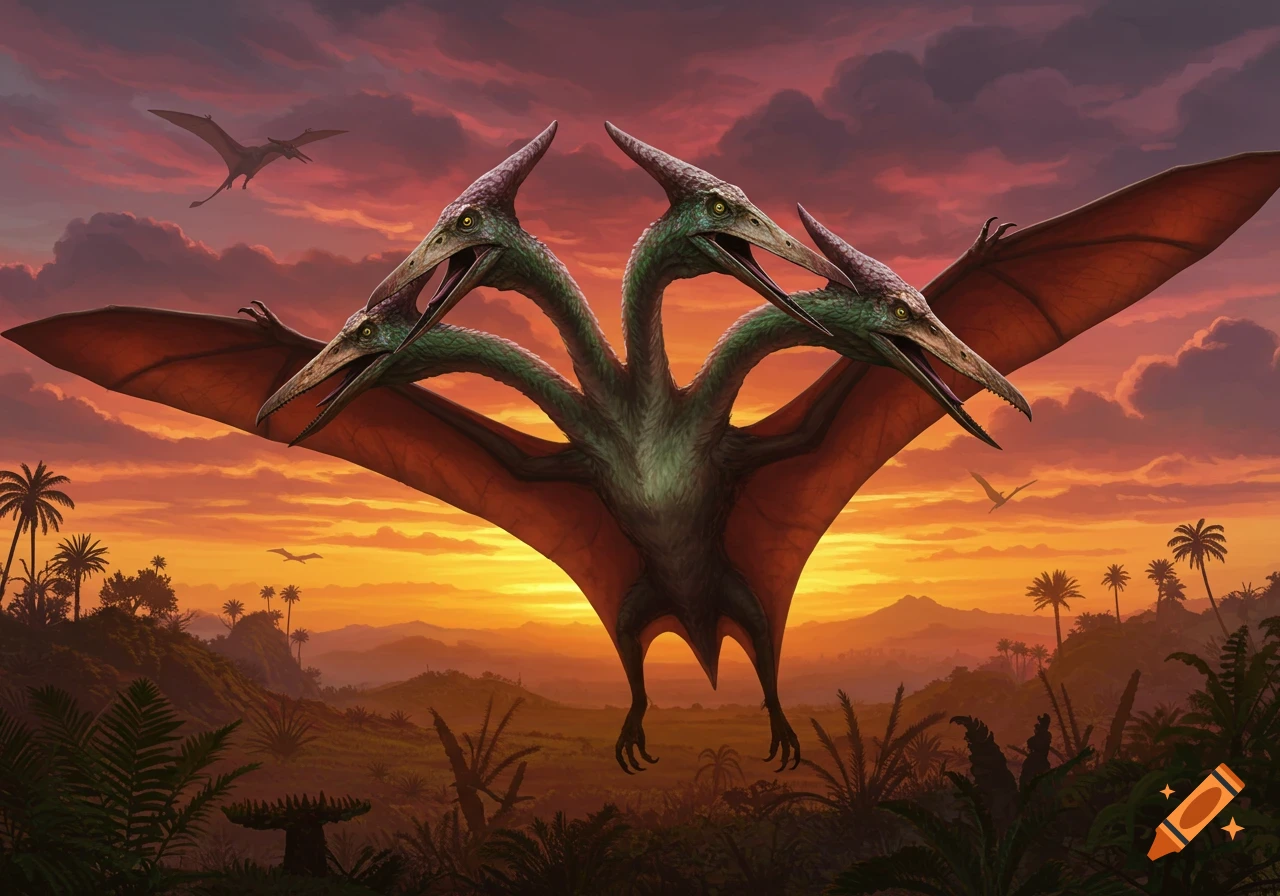 A large three-headed pterodactyl flies over a lush prehistoric jungle landscape during sunset, with other pterodactyls in the distance.