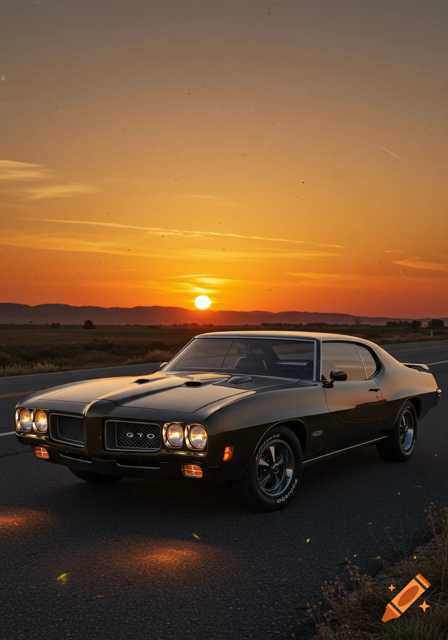 Dark grey 1971 Pontiac GTO parked on an asphalt road with a vibrant orange and yellow sunset behind it, mountains in the distance.