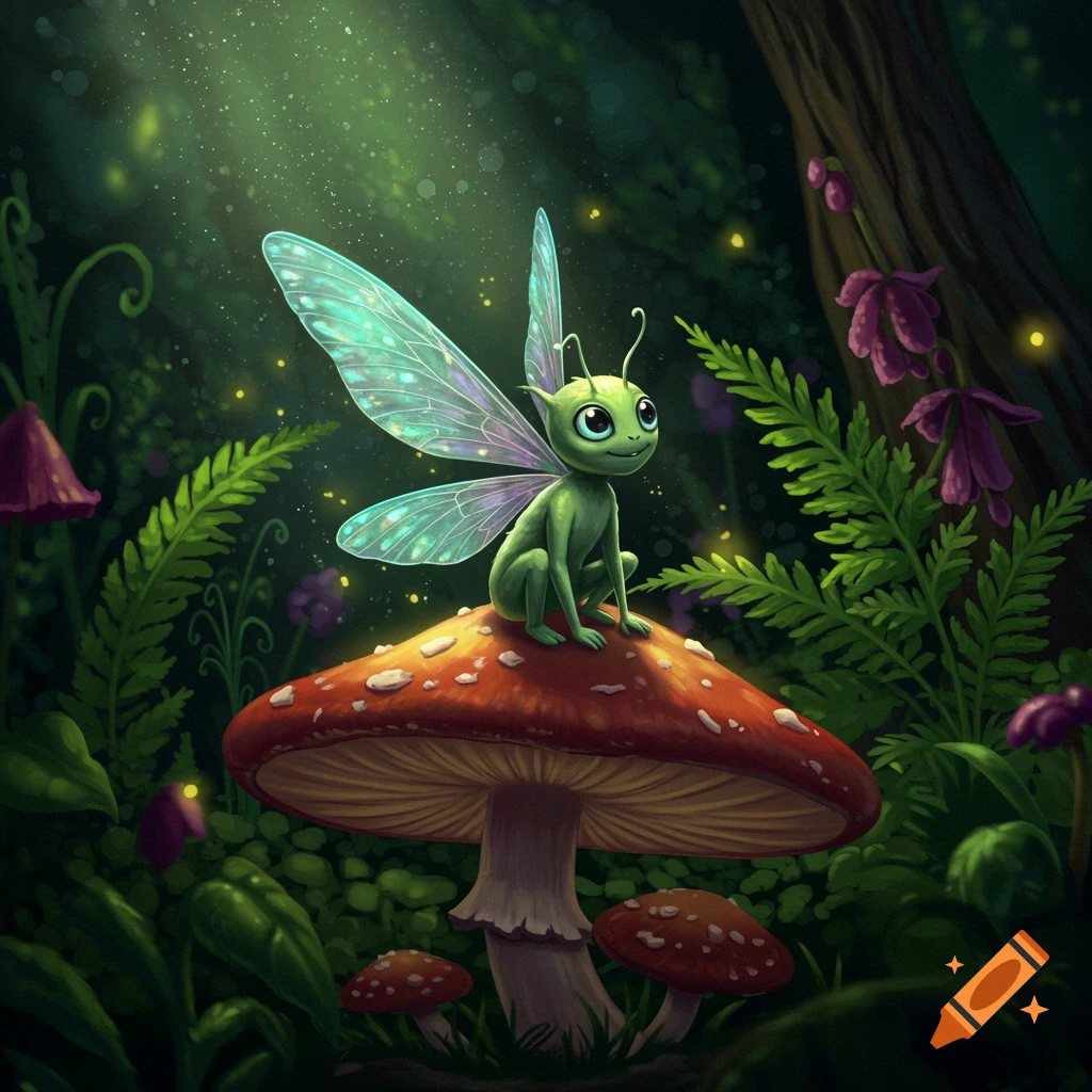 A small green fairy-like creature with translucent wings sits on a red and white mushroom in a magical forest.