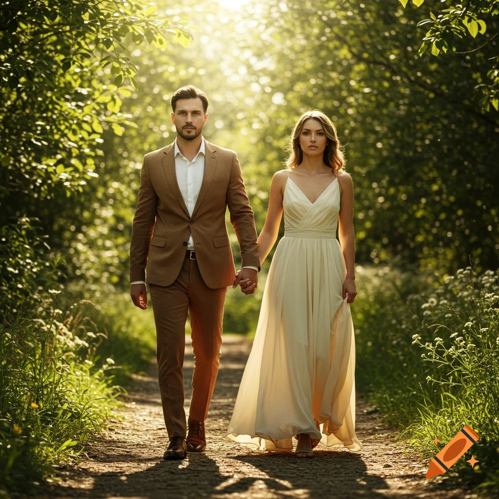 A man in a brown suit and a woman in a white dress walk hand-in-hand down a sunlit forest path.