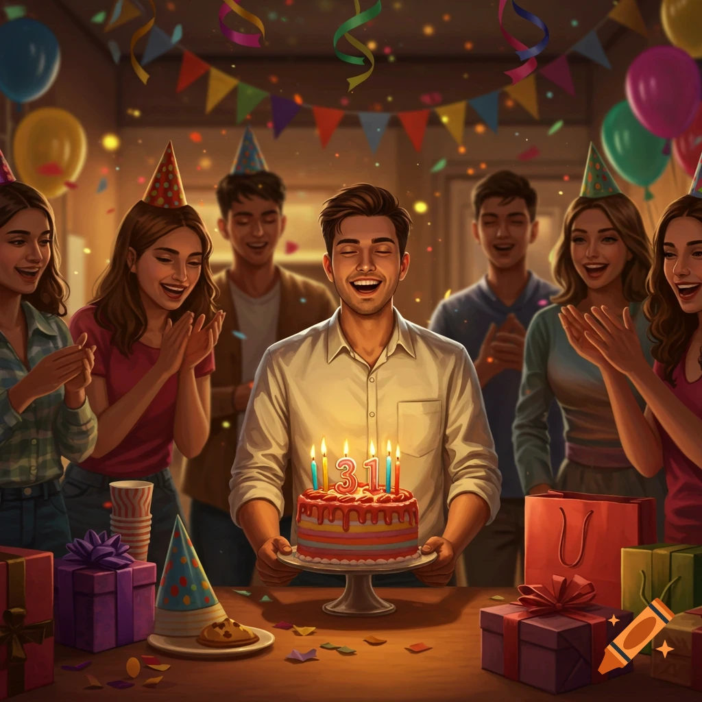 A group of happy people celebrating a birthday, with a man holding a cake with lit candles forming '31' on it, surrounded by gifts and decorations.