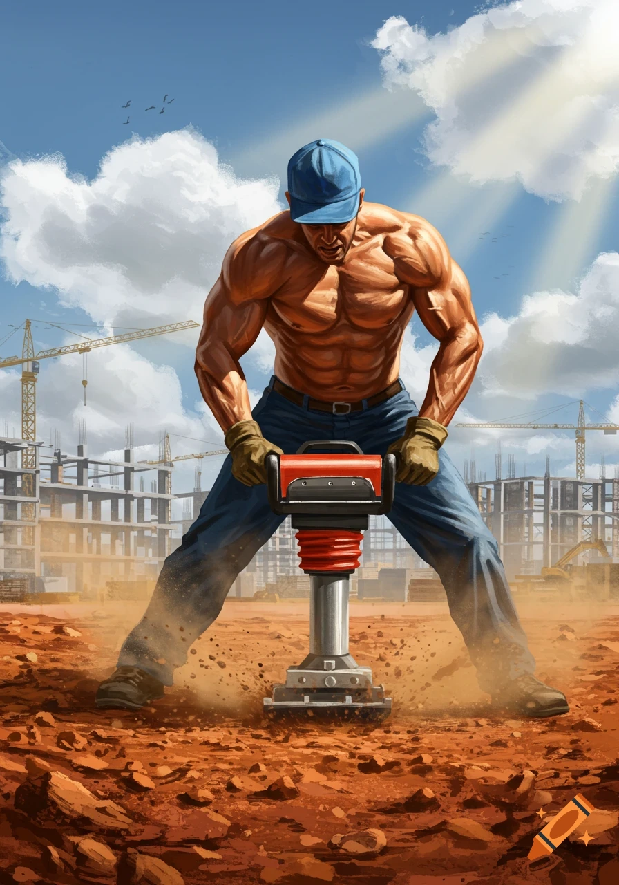 Muscular man in a blue cap using a tamper tool on a dirt construction site under a sunny sky.