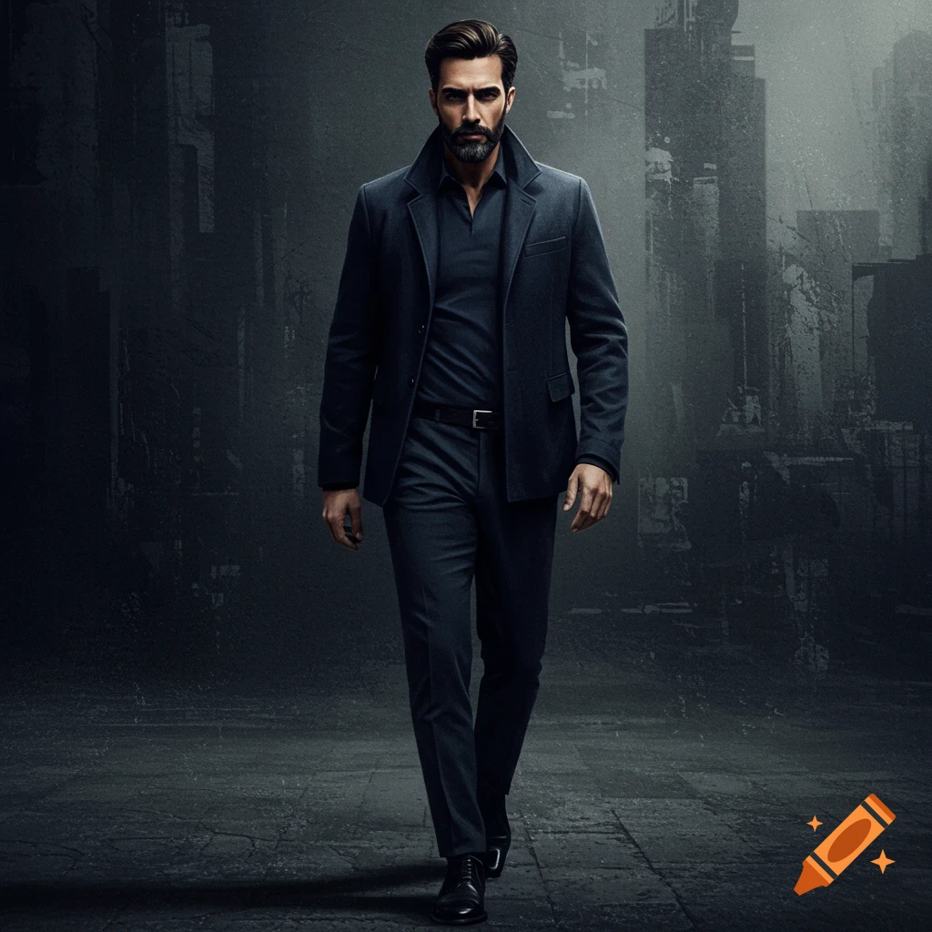 A photorealistic image of a bearded man in a dark suit walking forward against a dark, textured background.