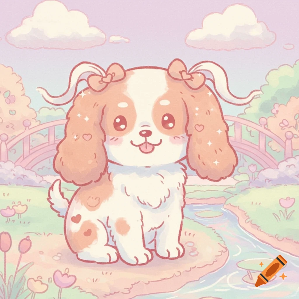 A cute, cartoon King Charles Cavalier dog with big eyes and bows on its ears sits in a pastel, dreamy park with a bridge and stream.
