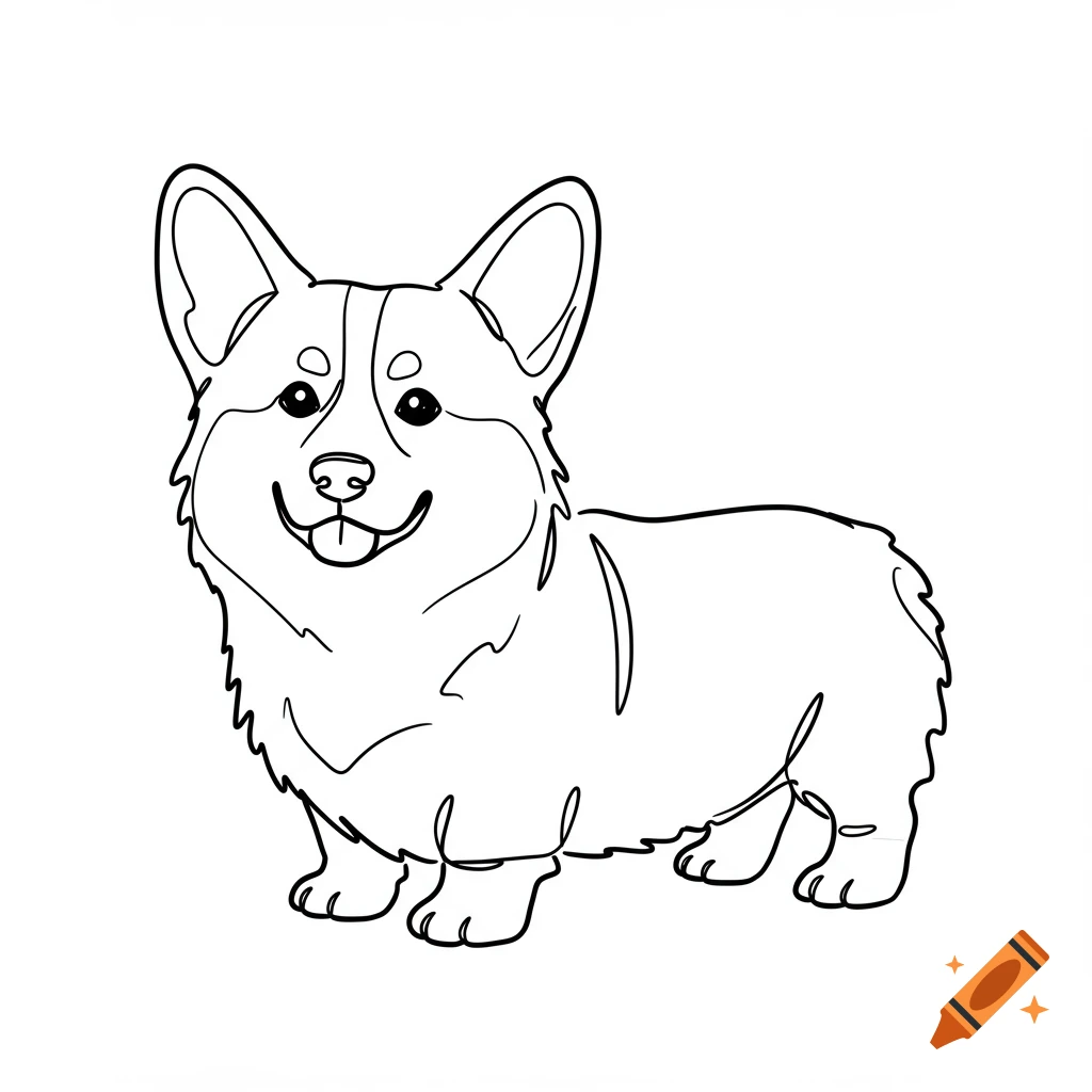 A simple black and white line drawing of a happy Corgi dog standing, looking forward.