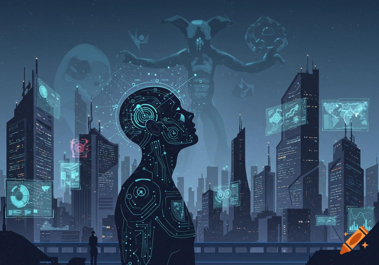 A stylized image of a humanoid figure with circuitry on its body, looking up at a giant shadowy monster over a futuristic cityscape with holographic interfaces.