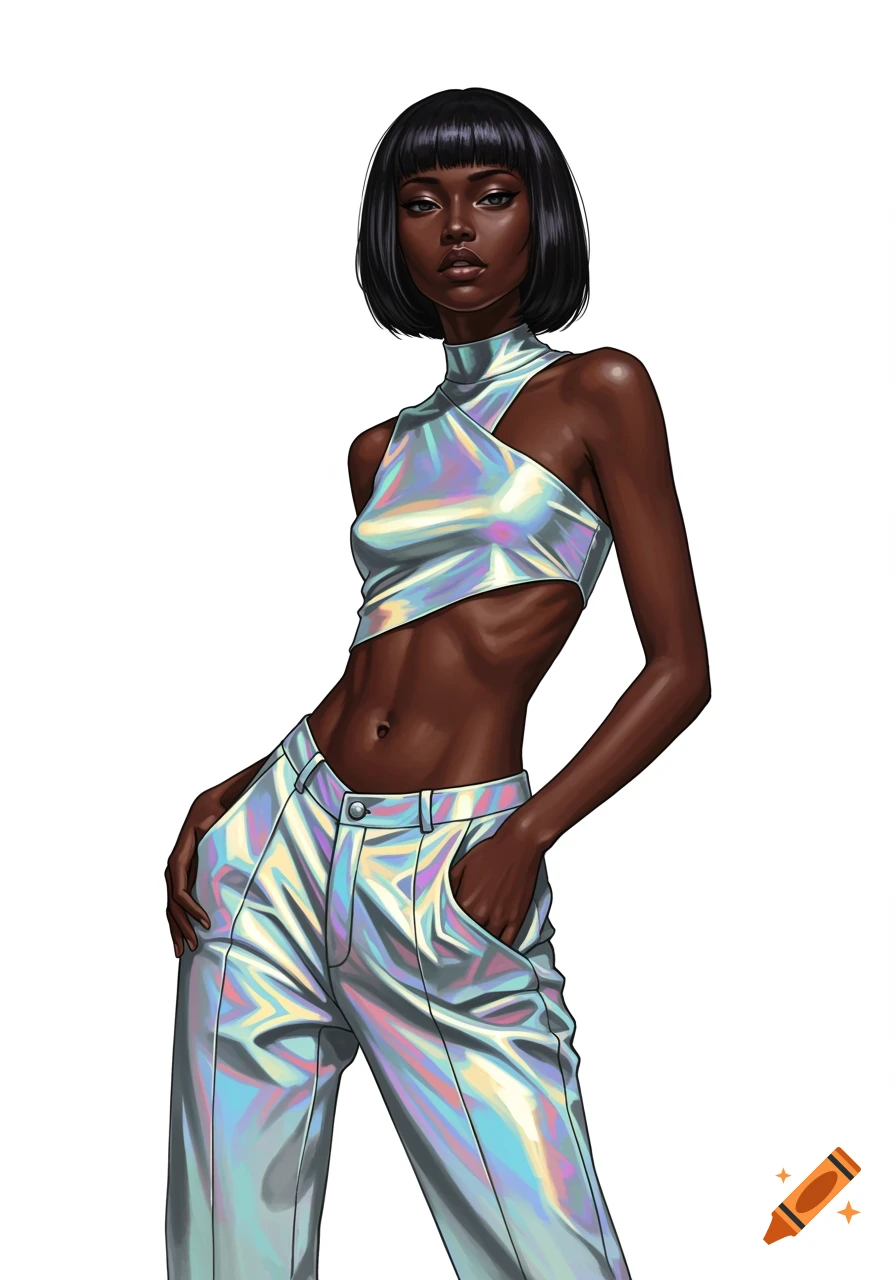Digital illustration of an African-American woman with a bob haircut, wearing a holographic iridescent crop top and matching pants, standing against a white background.