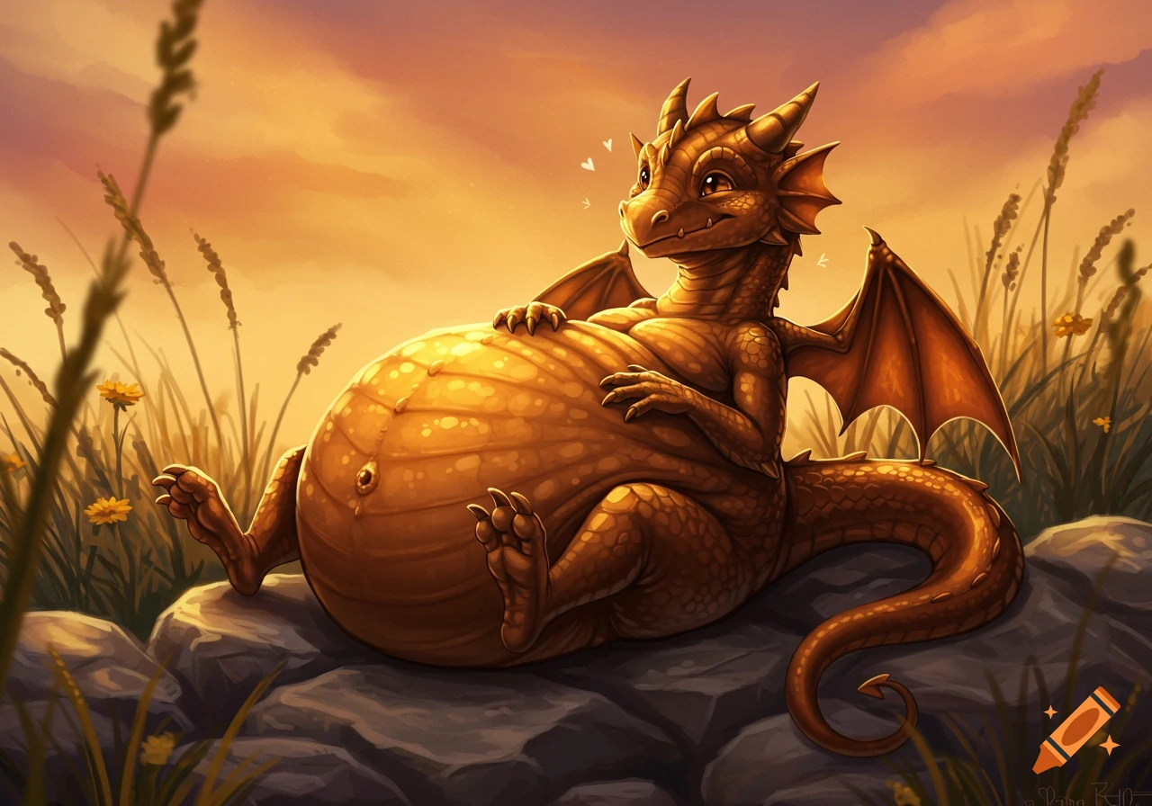 A cute, portly bronze dragon with tiny wings and a distended belly sits on rocks in a grassy field at sunset.