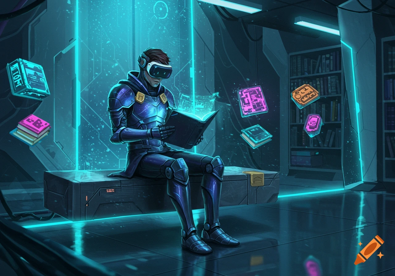 A person in a futuristic armored suit and VR headset sits and reads a glowing digital book in a neon-lit, high-tech library with floating data blocks.