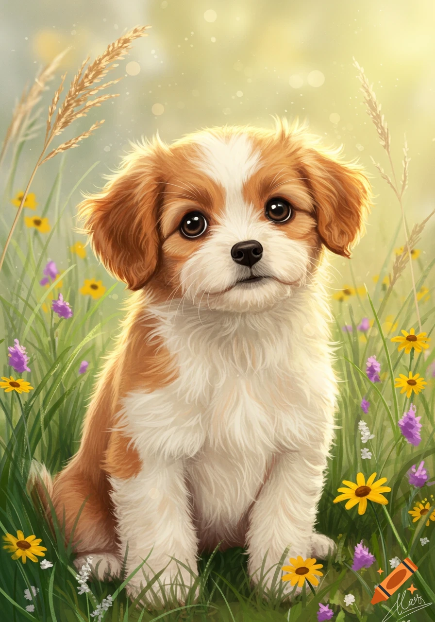 Cute fluffy puppy with big eyes sitting in a field of green grass and wildflowers under bright sunlight, digital illustration.