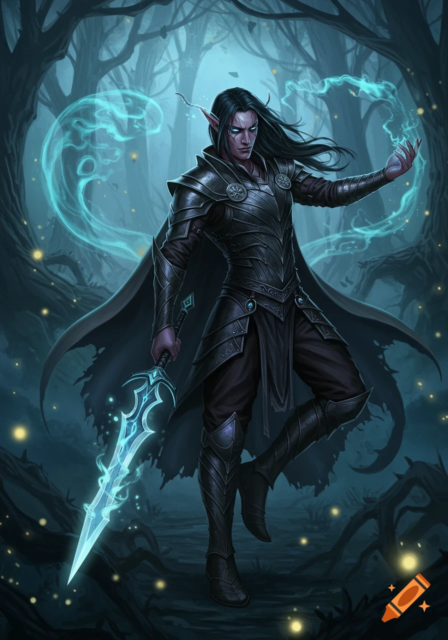 A dark elf in elaborate black armor with a flowing cape stands in a glowing forest, holding a glowing blue sword and casting magic.