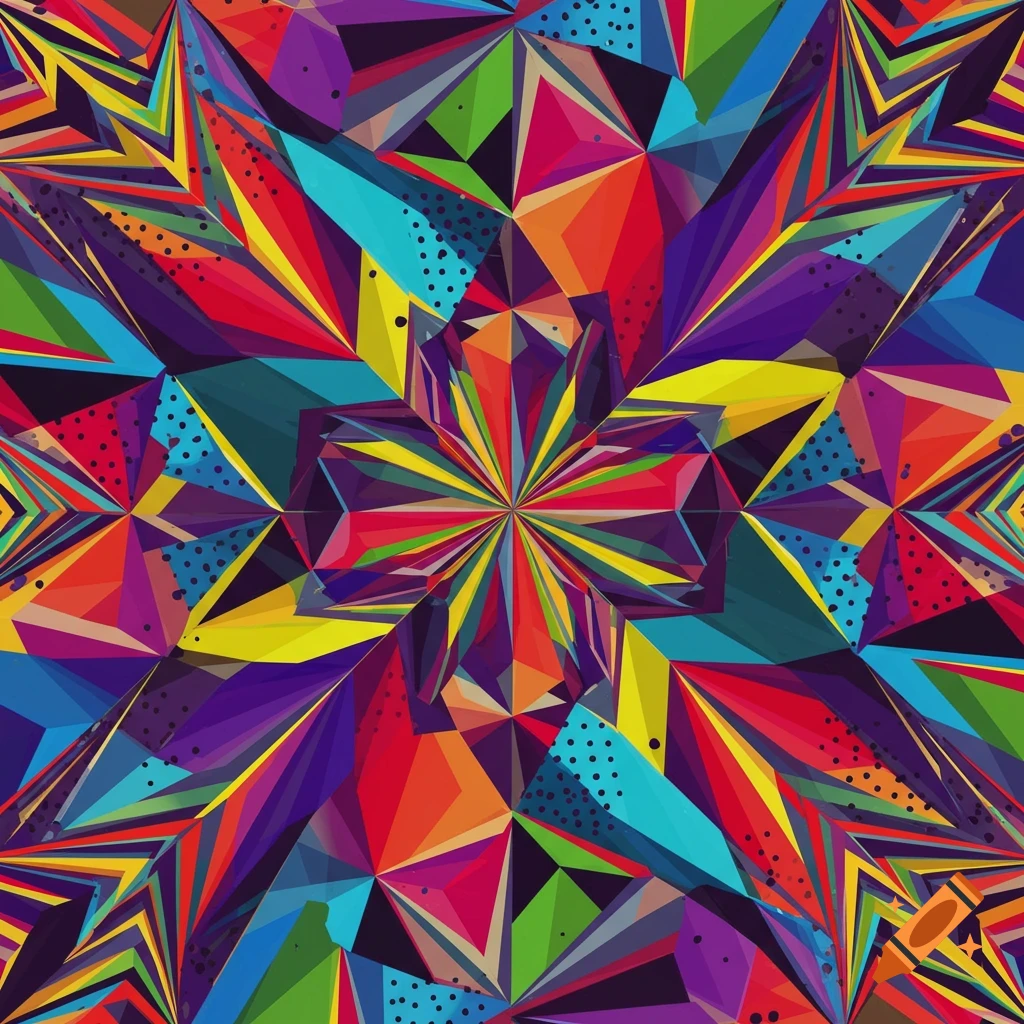 A vibrant, kaleidoscopic pattern of sharp, colorful geometric shapes with some dotted sections, radiating from a central point.