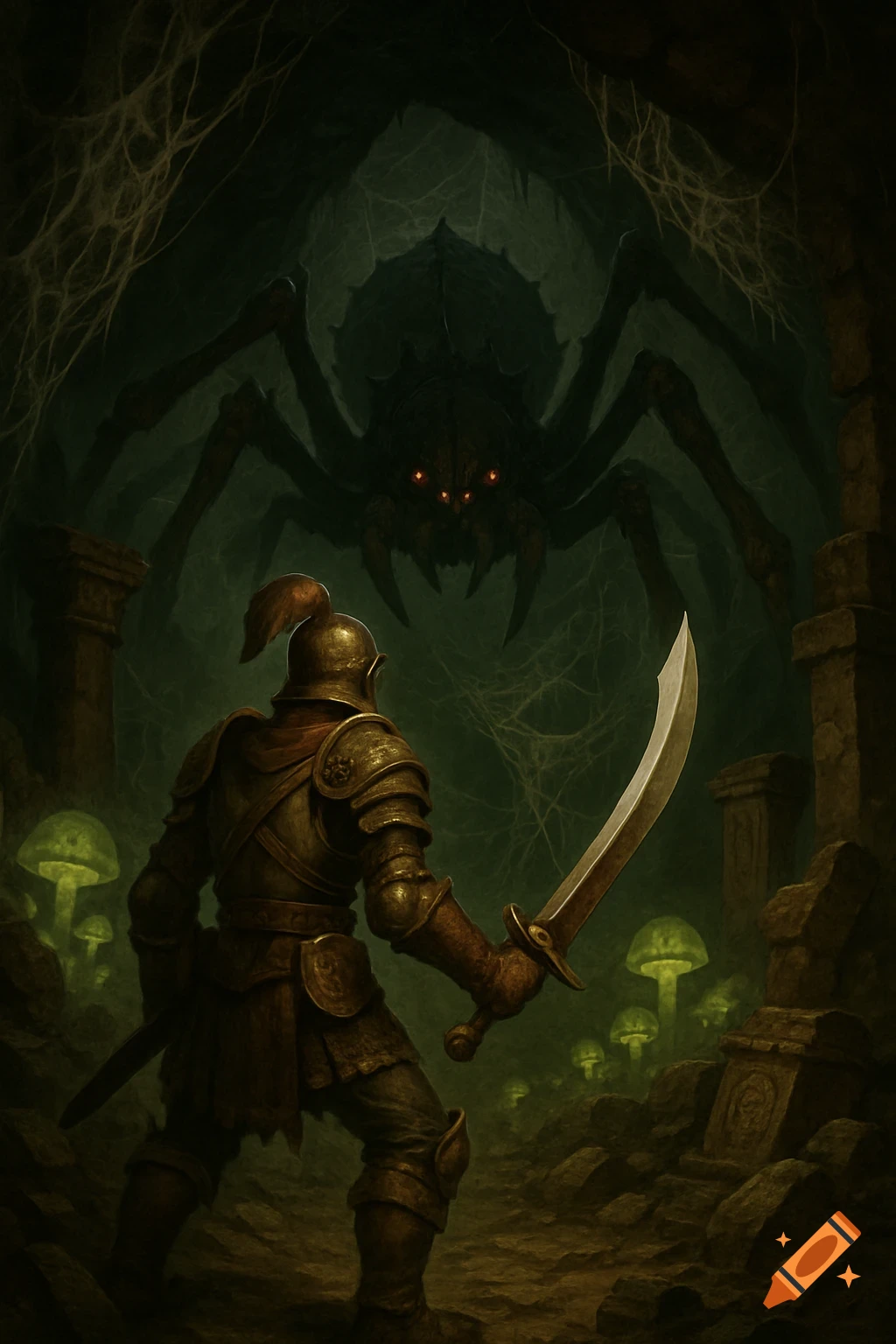 A knight in golden armor faces a giant, dark spider with glowing red eyes in a shadowy cave with luminous green mushrooms.