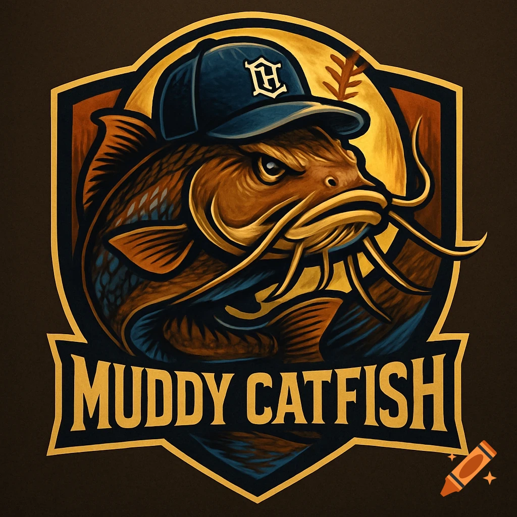 Stylized logo featuring a brown catfish wearing a blue baseball cap, above the words 'MUDDY CATFISH'.