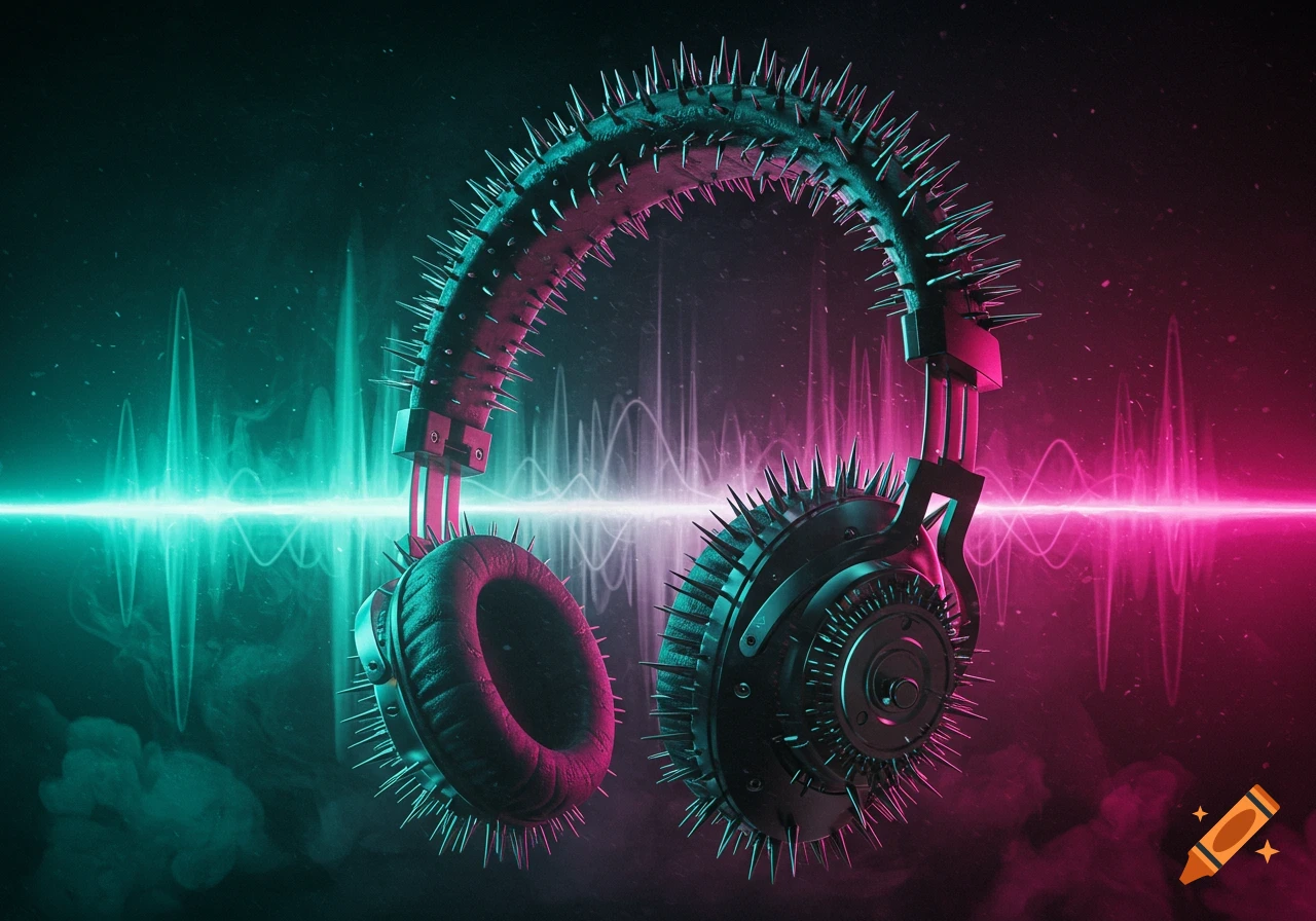 Spiked headphones against a background of glowing neon sound waves in teal and magenta.