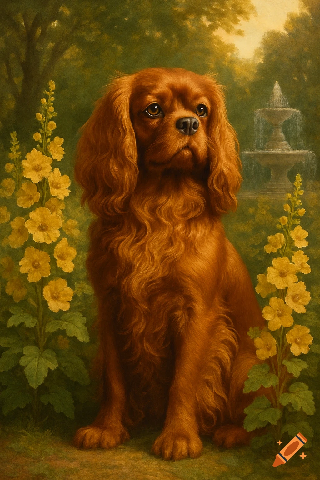 A reddish-brown King Charles Spaniel dog sits in a green garden with yellow flowers and a fountain in a classical oil painting style.
