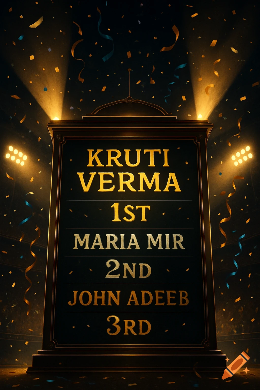 A illuminated scoreboard displaying Kruti Verma 1st, Maria Mir 2nd, and John Adeeb 3rd, with confetti falling.
