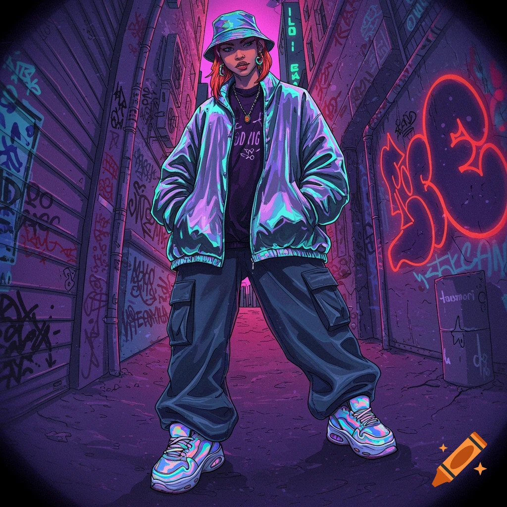 Illustration of a person in Y2K streetwear and baggy clothes in a neon-lit urban alley with graffiti.