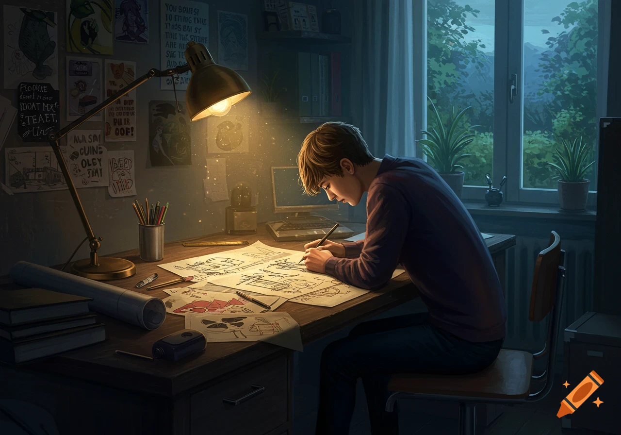 A student draws at a desk under a bright lamp in a dimly lit room, with a window view of a nocturnal landscape in an illustrative style.