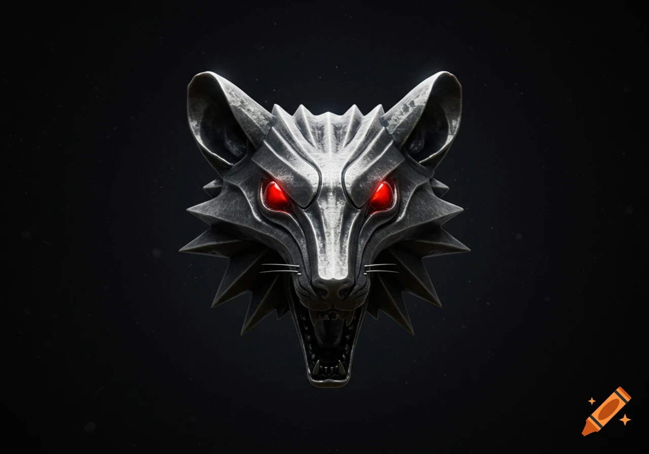 A detailed metallic wolf head medallion with glowing red eyes on a dark background.