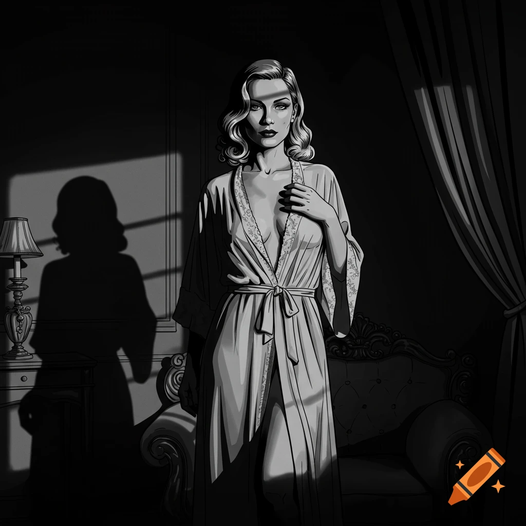 Black and white graphic novel style image of a woman in a sheer dressing gown in a darkened, film noir inspired room.