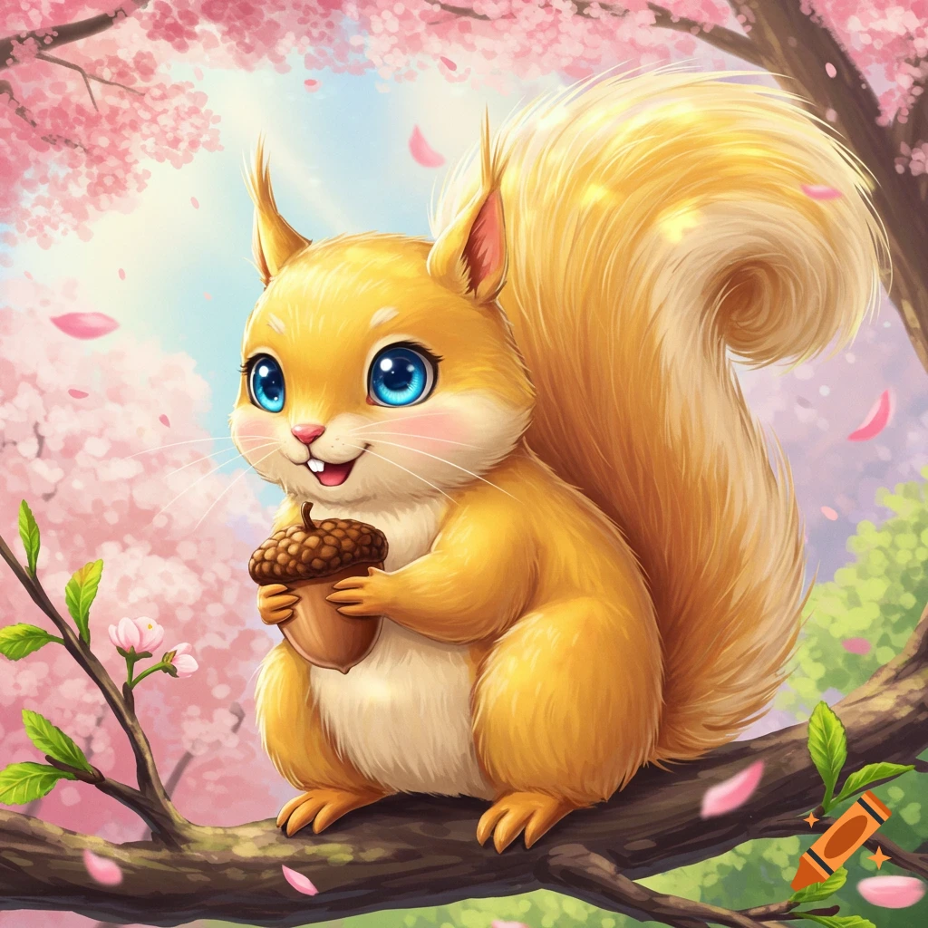 A cute anime-style golden squirrel with large blue eyes smiles, holding an acorn while sitting on a tree branch with pink cherry blossoms.