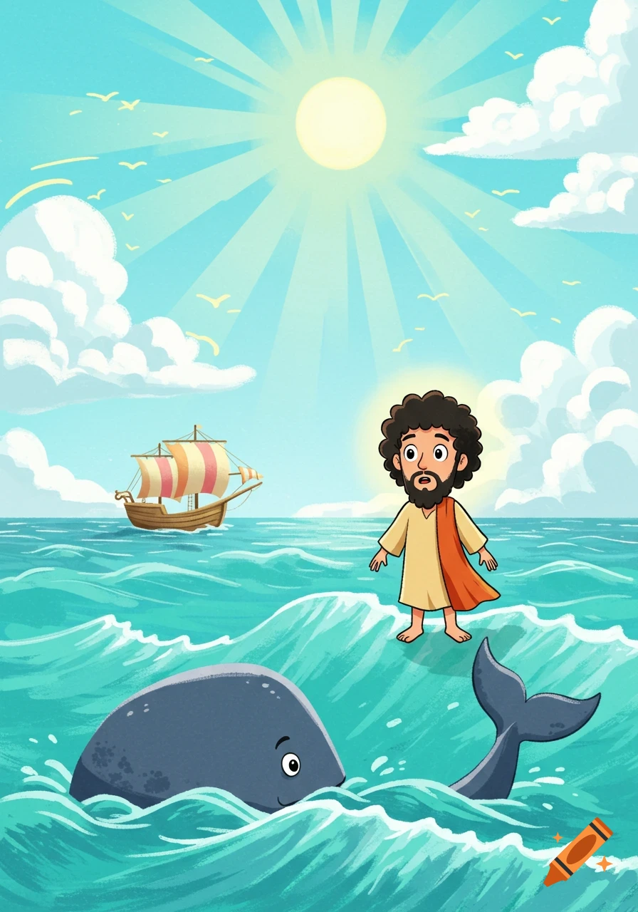 Cartoon illustration of a bearded man with a halo standing on ocean waves near a whale, with a sailboat and sun in the background.
