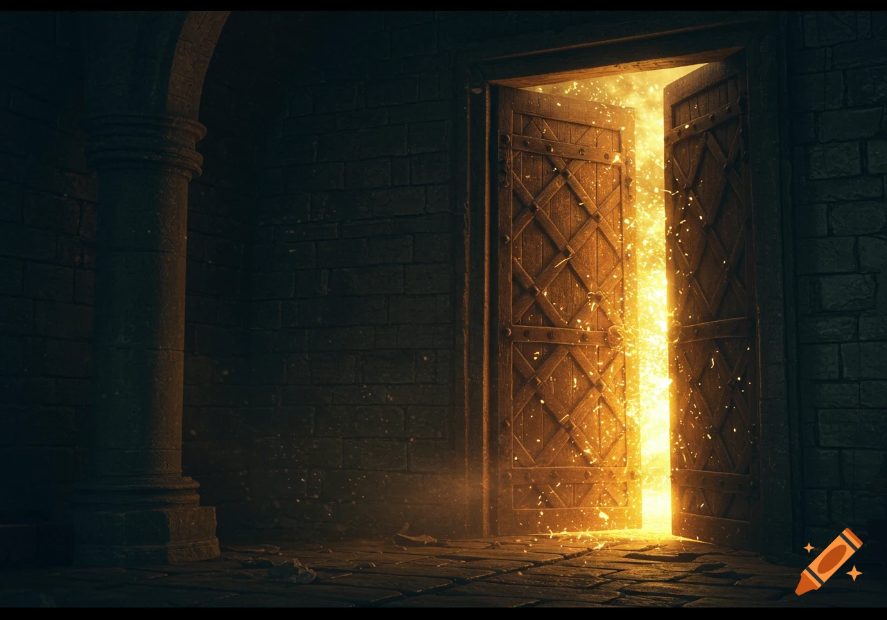 An ancient, dark stone chamber with a column on the left. A mystical wooden door on the right opens, emitting a blinding golden light with shimmering sparks.