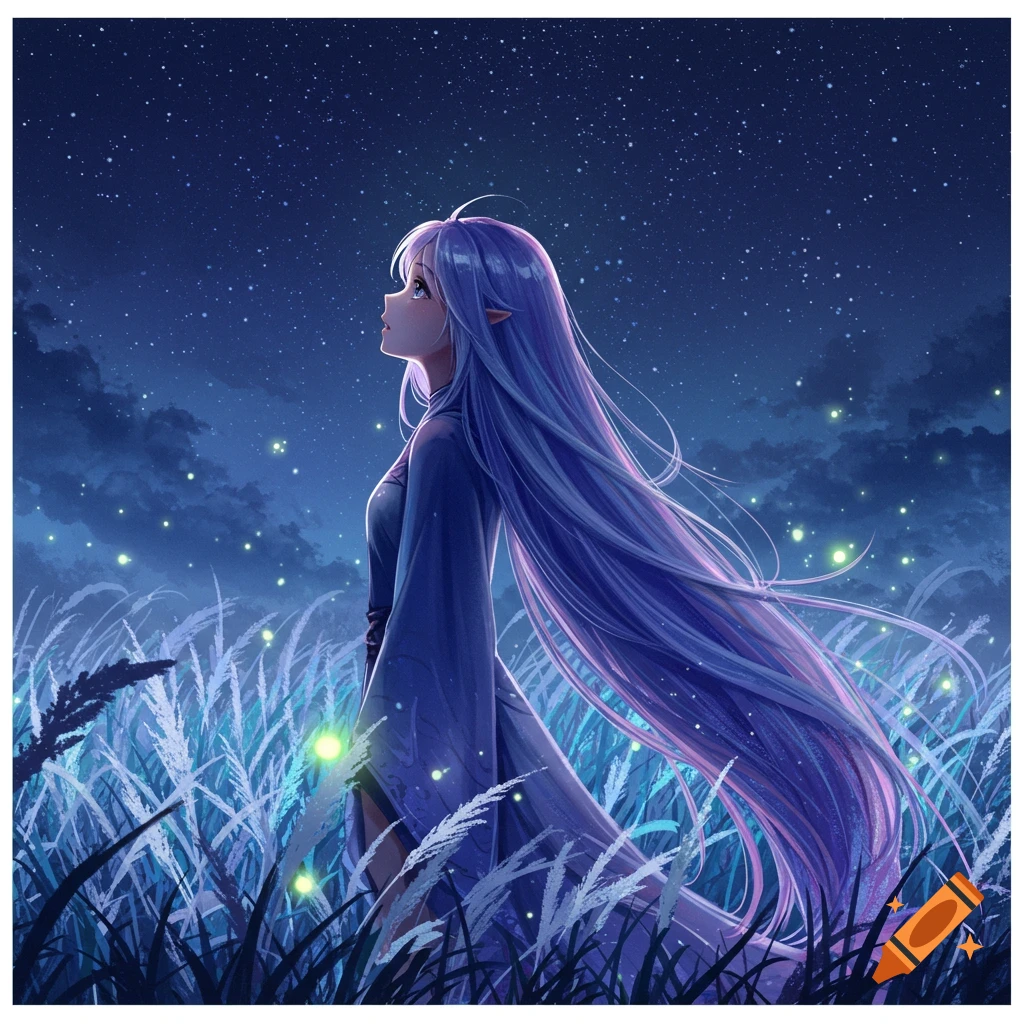 Animated girl with long purple hair in a field at night, looking up at the starry sky with glowing fireflies.