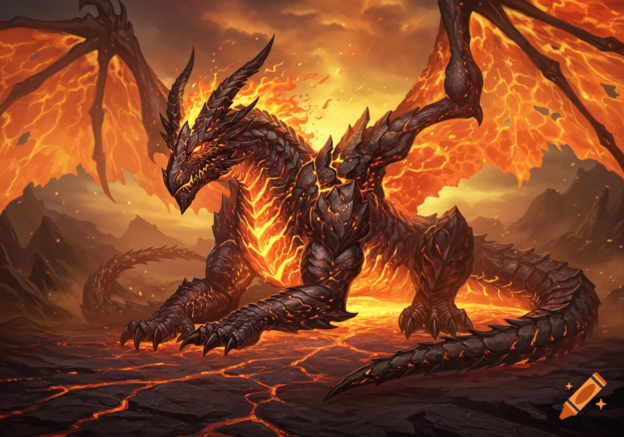 A colossal, flame-wreathed dragon made of obsidian and molten brass, with fiery wings, stands on cracked lava ground.
