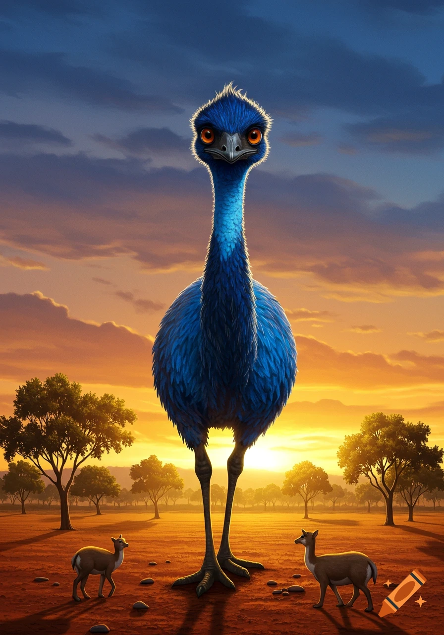 A vibrant blue emu with large orange eyes stands centrally in a savanna at sunset, flanked by two small deer.