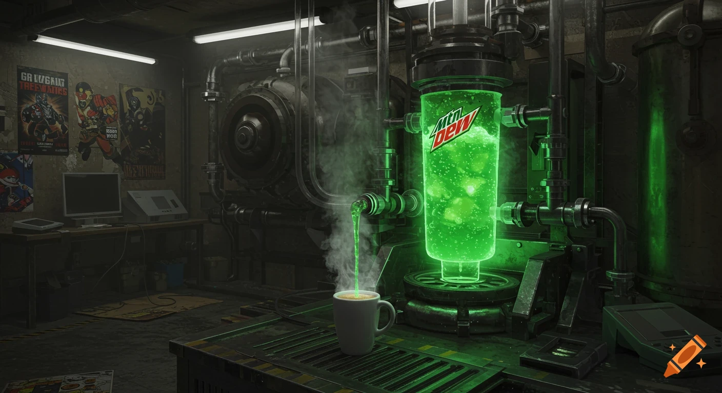 A dark, industrial lab with glowing green liquid (Mountain Dew) in a large vat, pouring into a white coffee mug.