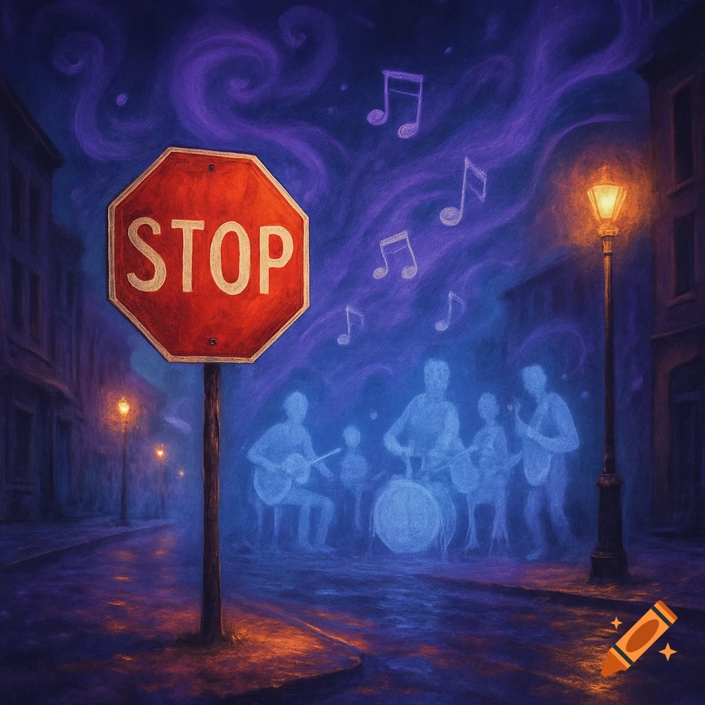 Nighttime street scene with a red STOP sign. Ghostly blue figures play instruments, with musical notes floating in the purple sky. Painterly style.