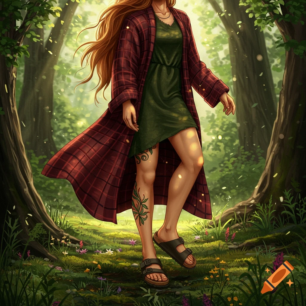 An illustrated figure with long red hair, wearing a red plaid coat, green dress, and sandals, walks through a sunlit, ethereal forest.